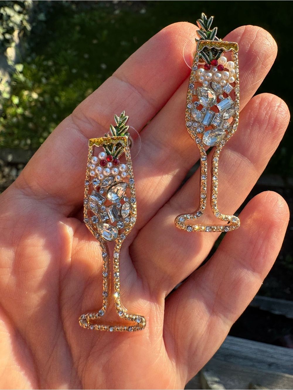 Festive Gold Crystal Champagne Glass Statement Earrings